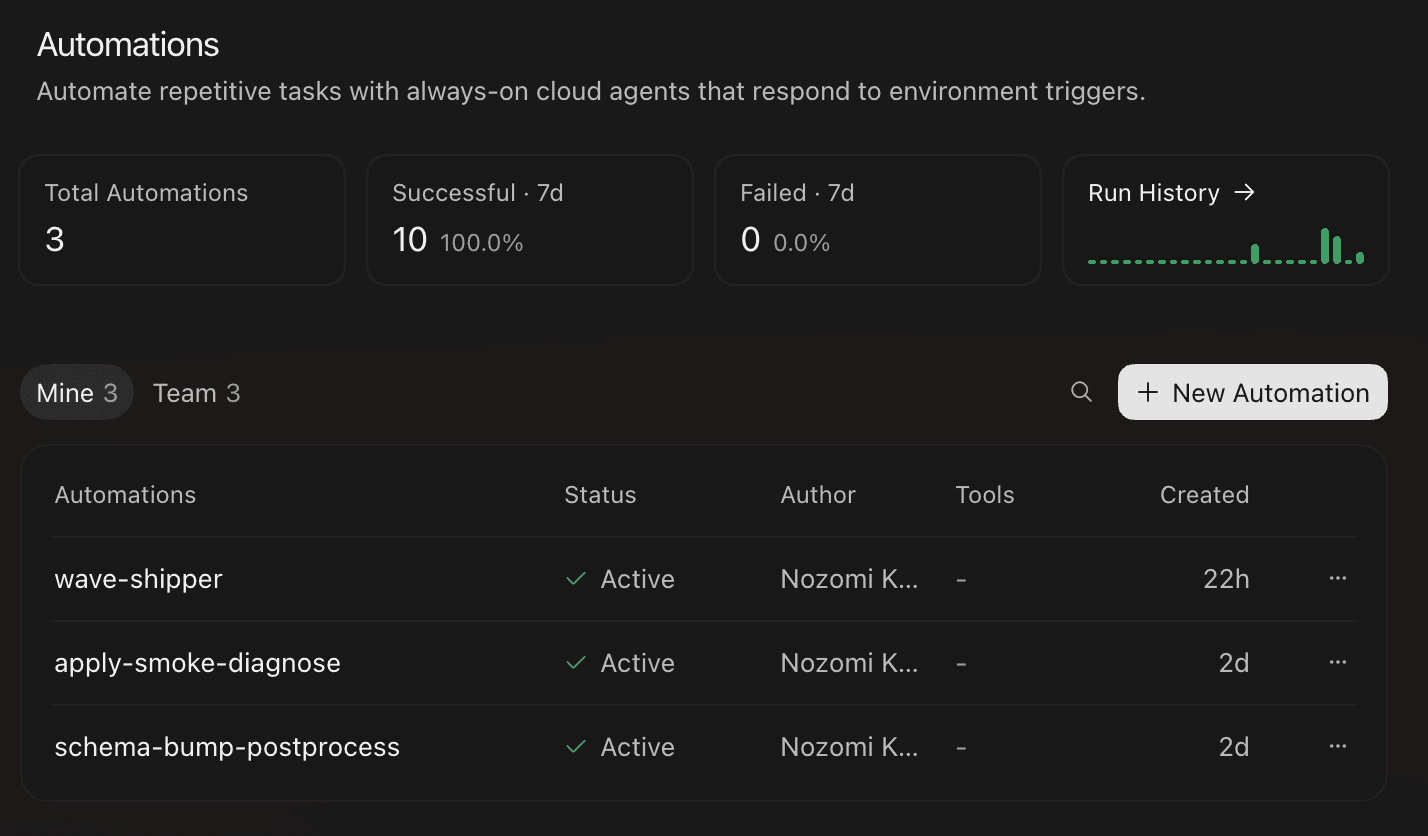 Cursor Automations list showing wave-shipper, apply-smoke-diagnose, and schema-bump-postprocess as active