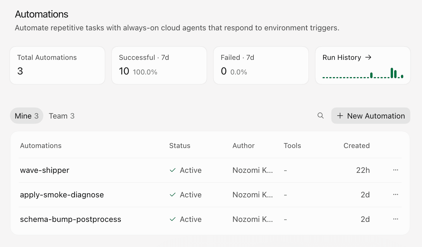 Cursor Automations list showing wave-shipper, apply-smoke-diagnose, and schema-bump-postprocess as active