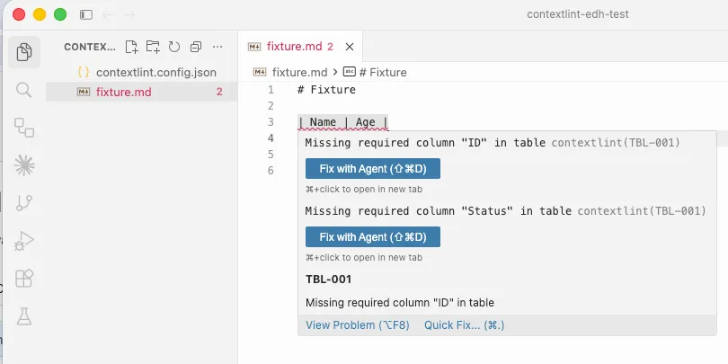 A TBL-001 violation underlined in the editor with rule details on hover
