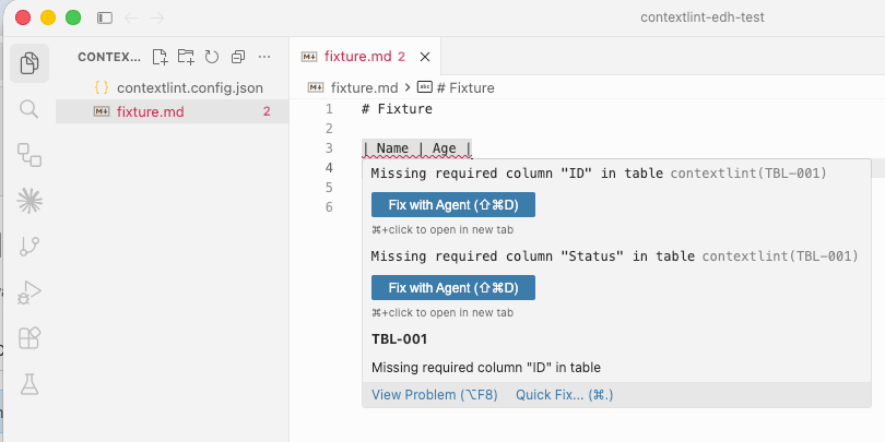 A TBL-001 violation underlined in the editor with rule details on hover