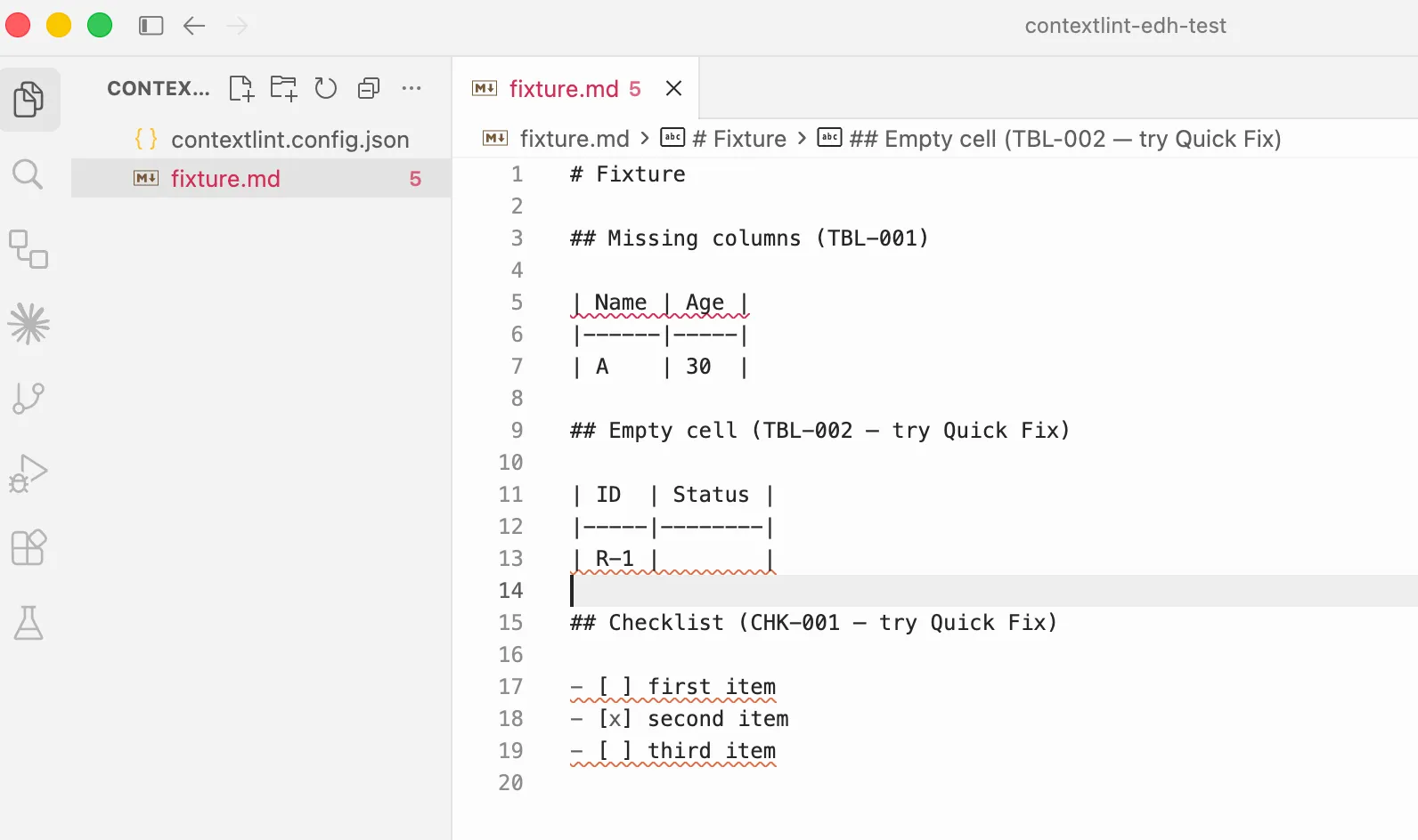 Multiple rule violations highlighted simultaneously in a single Markdown file