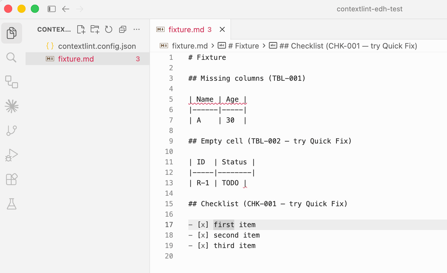 Editor state after applying the TBL-002 and CHK-001 Quick Fixes