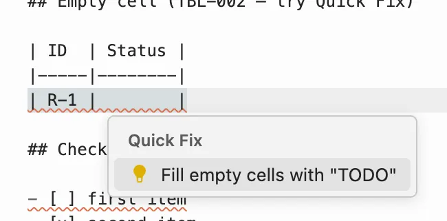 Quick Fix popup offering to fill empty cells with TODO for TBL-002