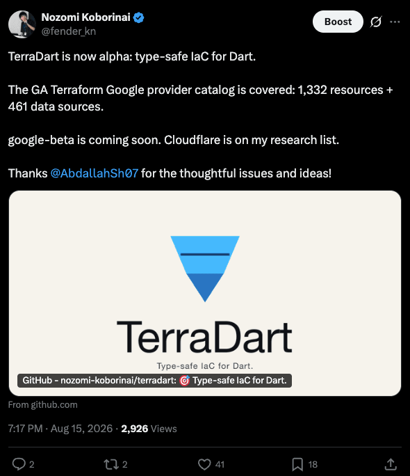 A post announcing that TerraDart reached alpha