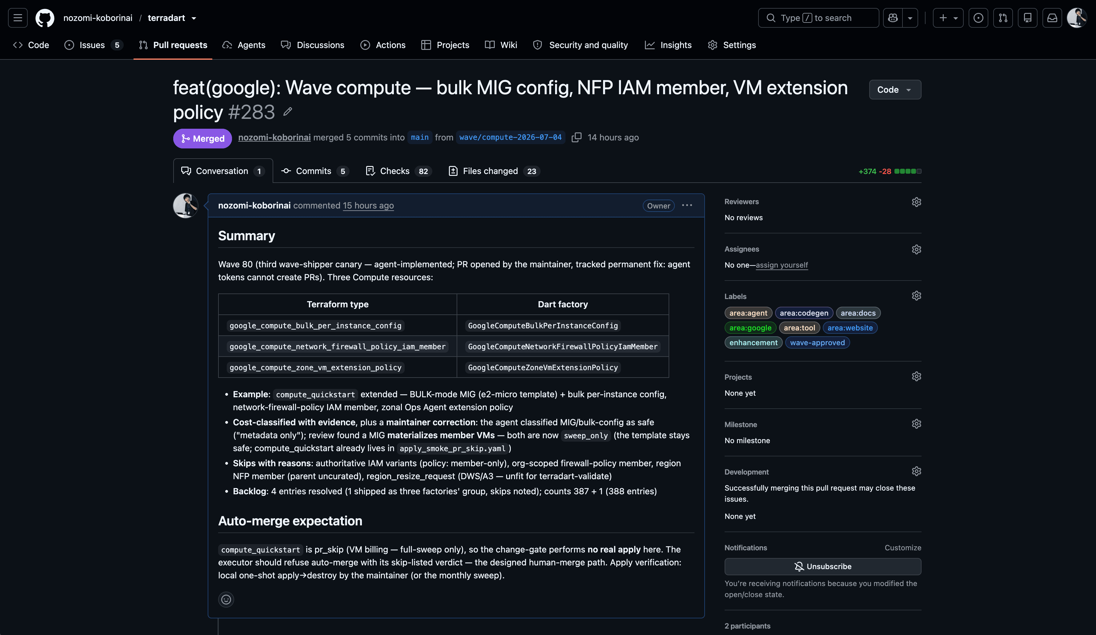 A Wave PR implemented by wave-shipper, including three added resources, cost-classification evidence, and reasons for resources that were intentionally skipped