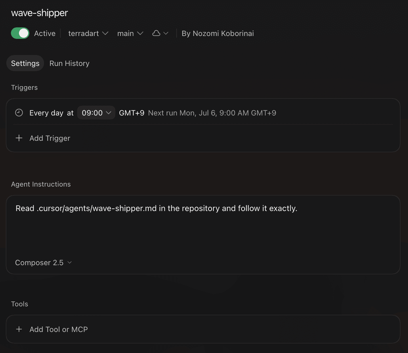 wave-shipper settings screen. The trigger is daily at 09:00 GMT+9, and Agent Instructions contain only one line pointing to the instruction file