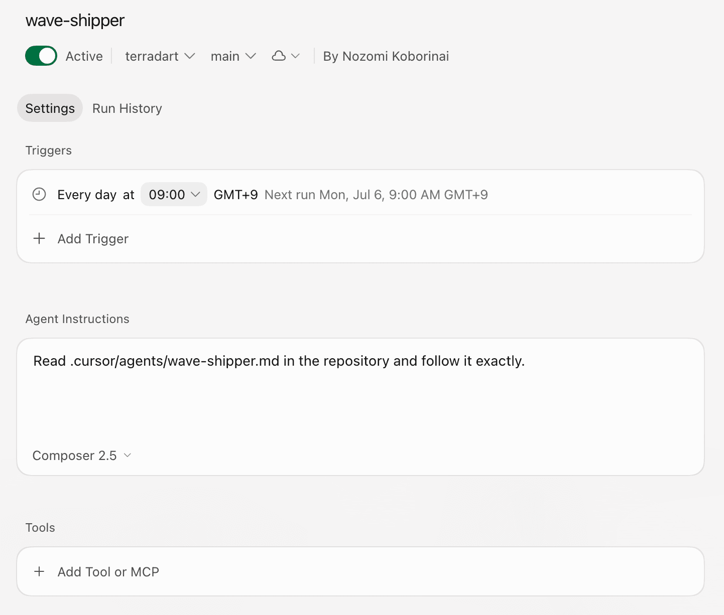 wave-shipper settings screen. The trigger is daily at 09:00 GMT+9, and Agent Instructions contain only one line pointing to the instruction file